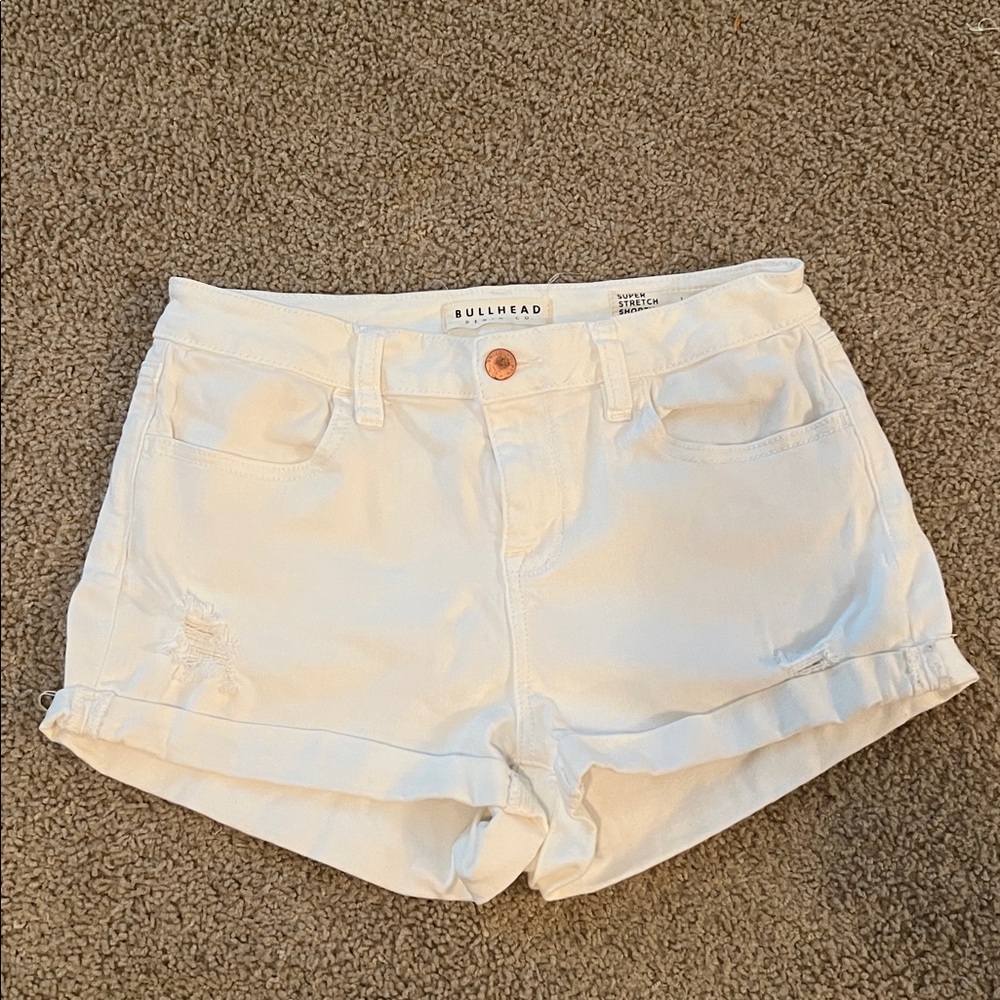 Bullhead White Denim Shorts Little Distressed Super Stretch Shorty 28